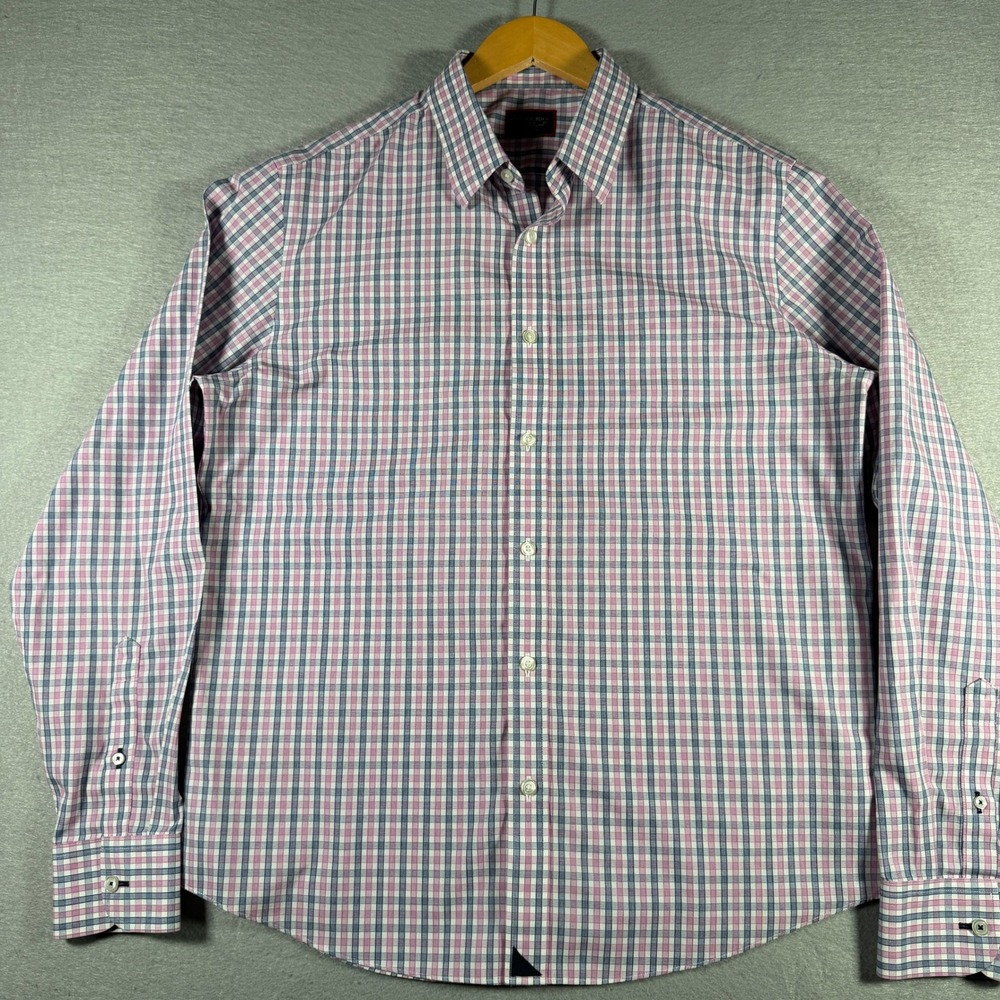 UNTUCKit Dolcetto WF Slim Fit Pink Blue Plaid Wrinkle Free Cotton Shirt Mens L